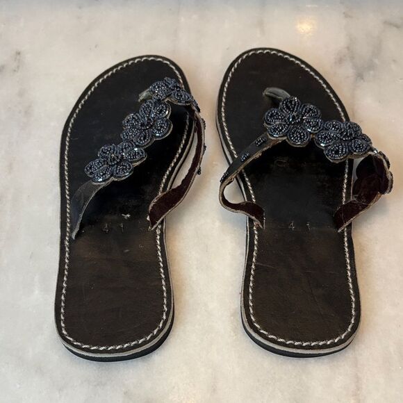 Sandals Shoes Black Floral Beaded Leather Women's Sandals - Picture 3 of 11